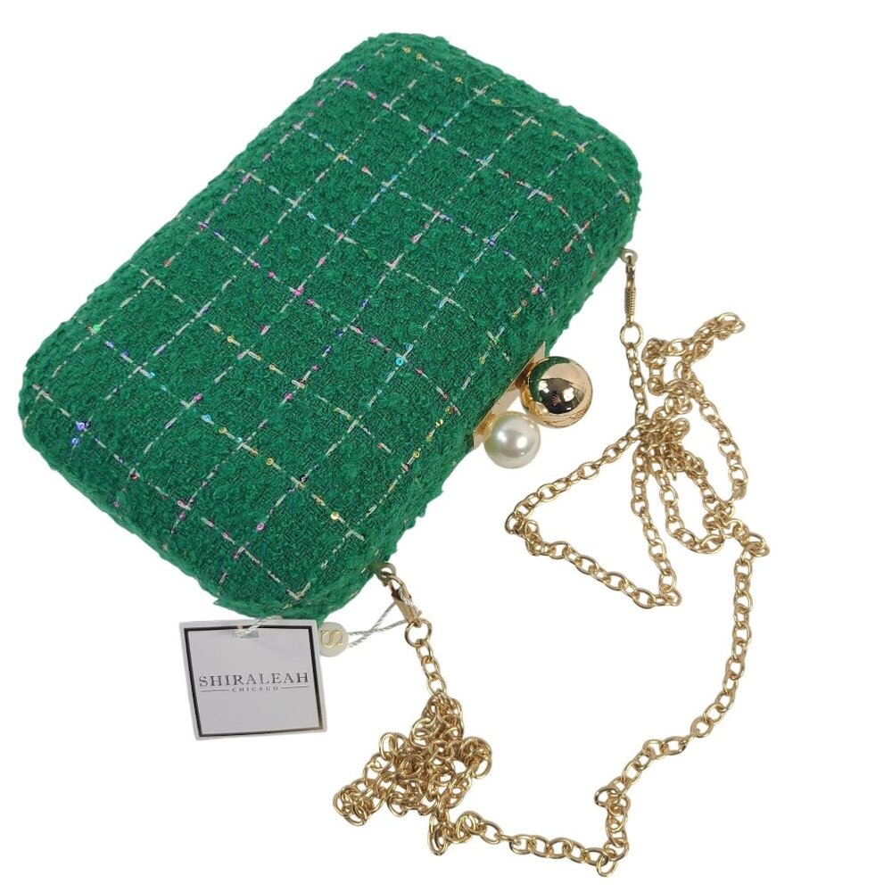 NWT Shiraleah Green Mabel Minaudiere Gold Chain Pearl/Gold Clasp Clutch - Picture 1 of 8